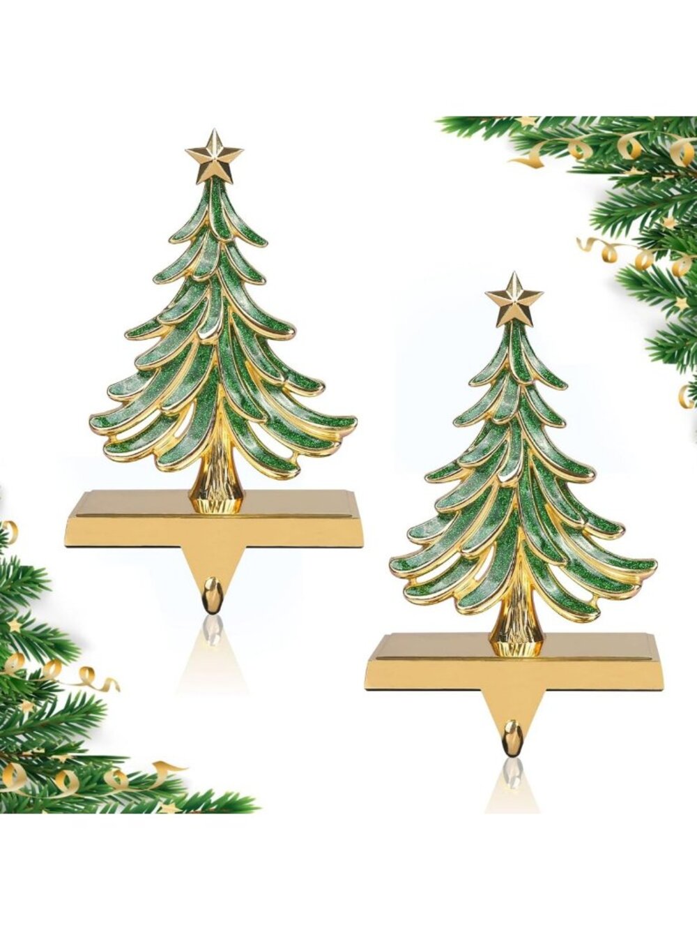 2PC Glitter Green Christmas Stocking Holders for Mantle & Fireplace Decor